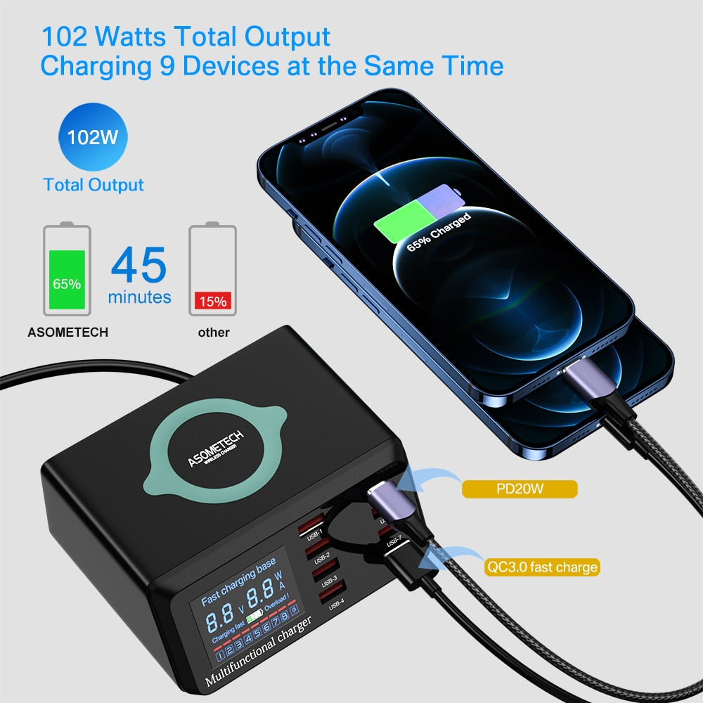Carregador Multiportas Usb C Sem Fio 100w C/ Qc 3.0